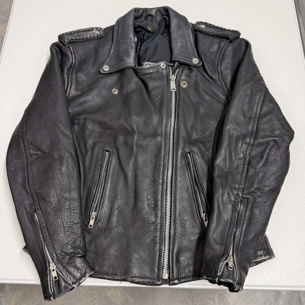 Unbranded Leather Motorcycle Jacket Womens M Black Good Braided Trim Biker Moto
